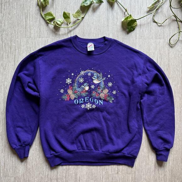 Jerzees Sweaters - Vintage 90s OREGON Crewneck Sweatshirt Winter Birds Jerzees L USA Purple Fleece